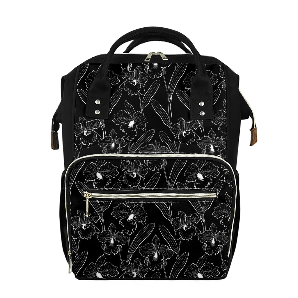 Black Cattleya Flower Pattern Print Diaper Bag