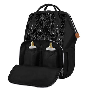 Black Cattleya Flower Pattern Print Diaper Bag