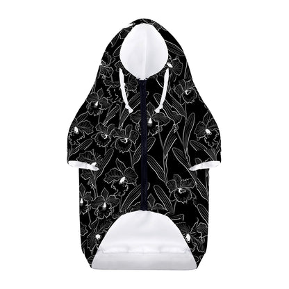 Black Cattleya Flower Pattern Print Dog Zip Up Hoodie