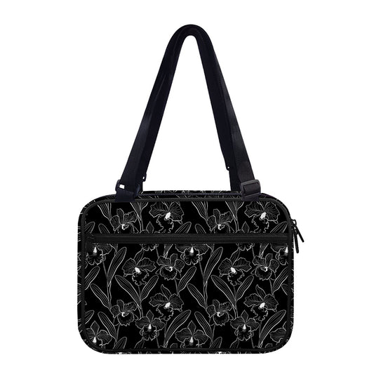 Black Cattleya Flower Pattern Print Double Strap Bible Bag