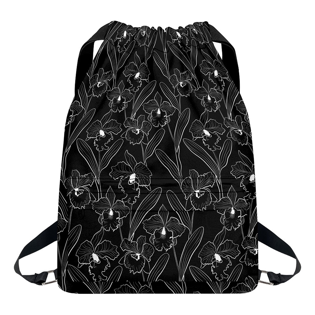 Black Cattleya Flower Pattern Print Drawstring Backpack