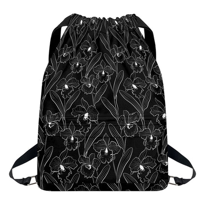 Black Cattleya Flower Pattern Print Drawstring Backpack