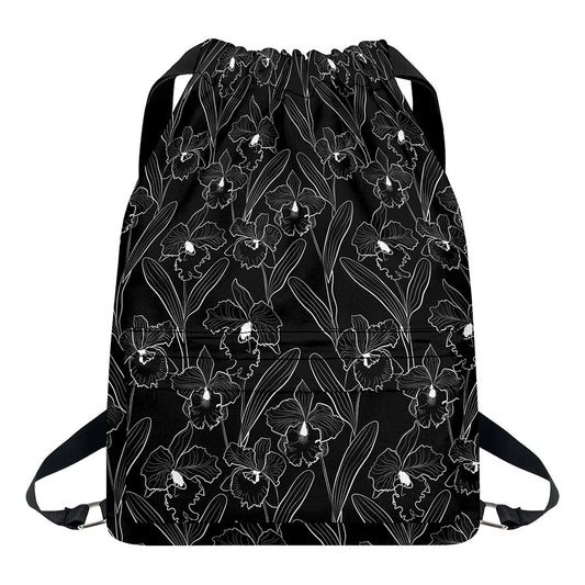 Black Cattleya Flower Pattern Print Drawstring Backpack