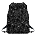 Black Cattleya Flower Pattern Print Drawstring Backpack