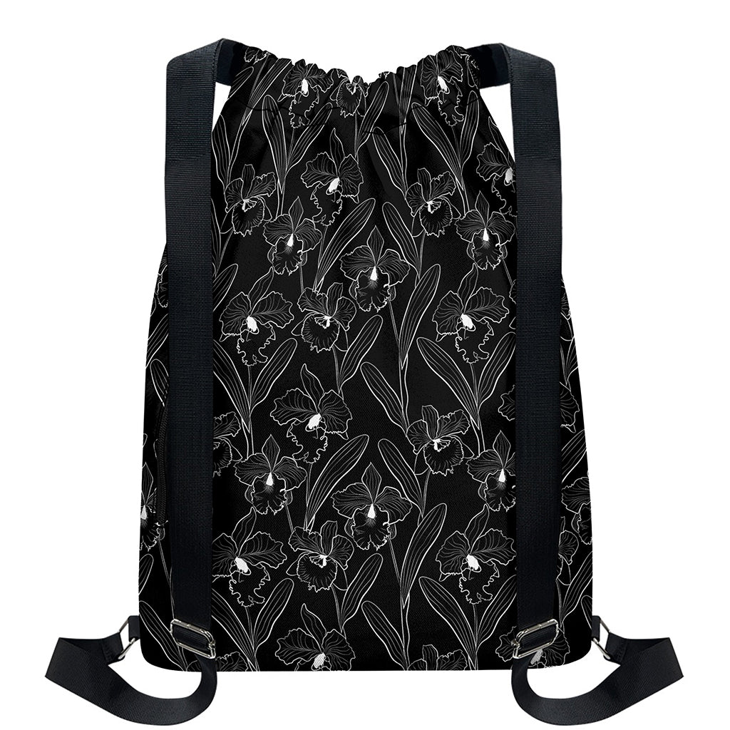 Black Cattleya Flower Pattern Print Drawstring Backpack