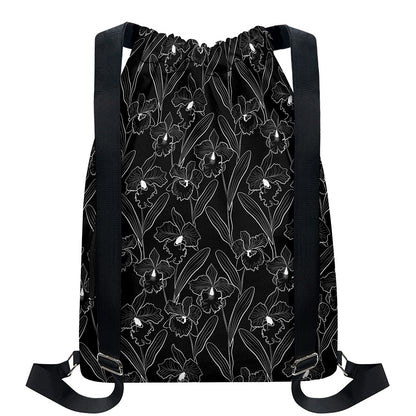 Black Cattleya Flower Pattern Print Drawstring Backpack