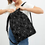 Black Cattleya Flower Pattern Print Drawstring Backpack
