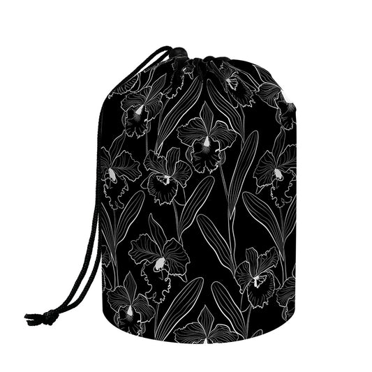 Black Cattleya Flower Pattern Print Drawstring Makeup Bag