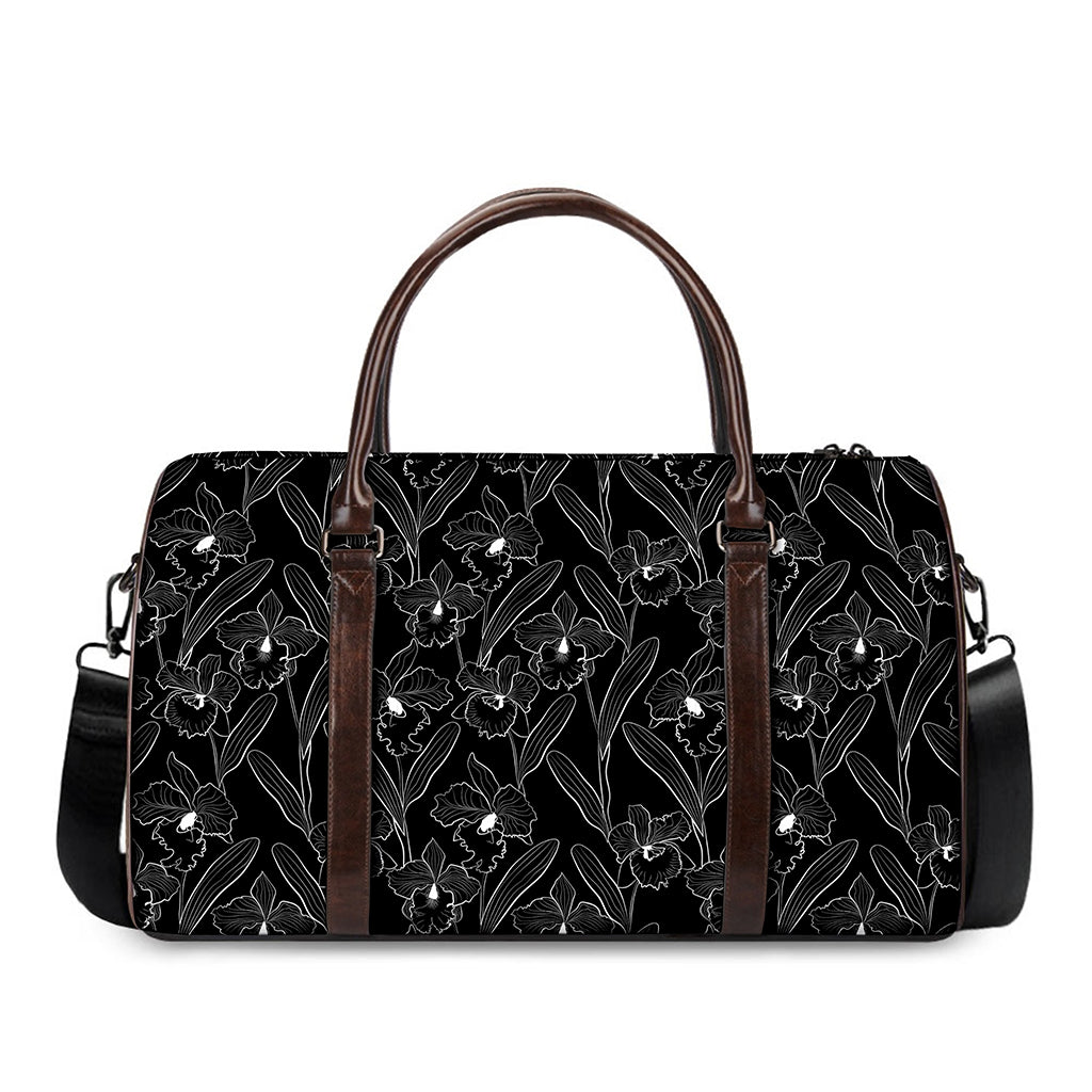 Black Cattleya Flower Pattern Print Duffle Bag