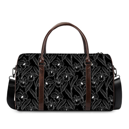 Black Cattleya Flower Pattern Print Duffle Bag