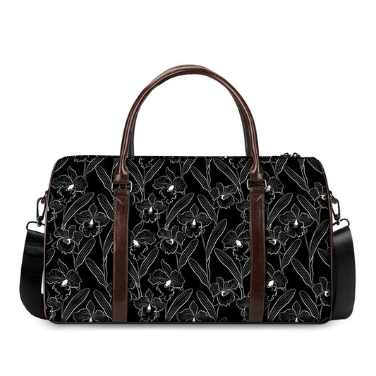 Black Cattleya Flower Pattern Print Duffle Bag