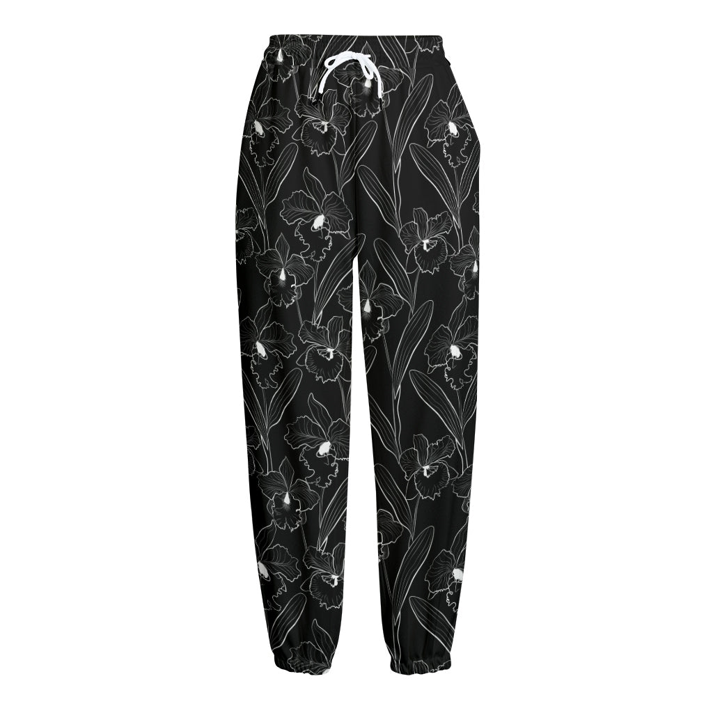 Black Cattleya Flower Pattern Print Fleece Lined Knit Pants
