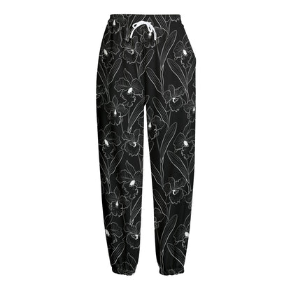 Black Cattleya Flower Pattern Print Fleece Lined Knit Pants