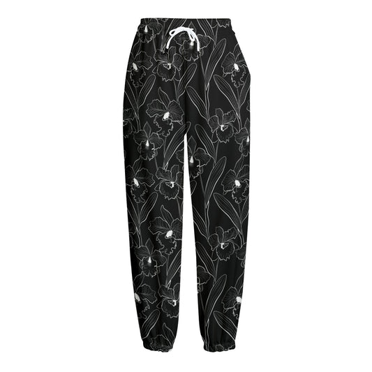 Black Cattleya Flower Pattern Print Fleece Lined Knit Pants