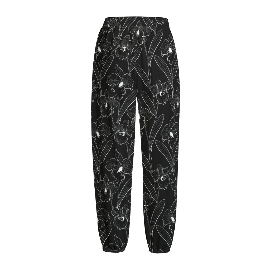 Black Cattleya Flower Pattern Print Fleece Lined Knit Pants