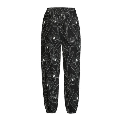 Black Cattleya Flower Pattern Print Fleece Lined Knit Pants