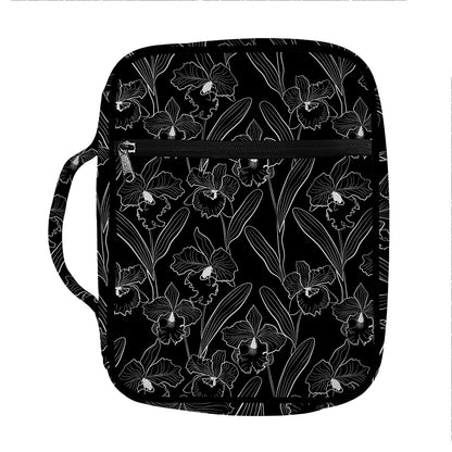 Black Cattleya Flower Pattern Print Front Pocket Bible Bag