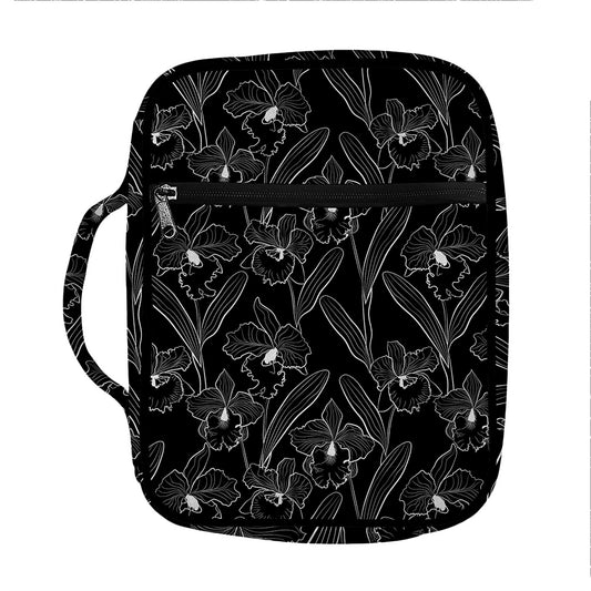 Black Cattleya Flower Pattern Print Front Pocket Bible Bag