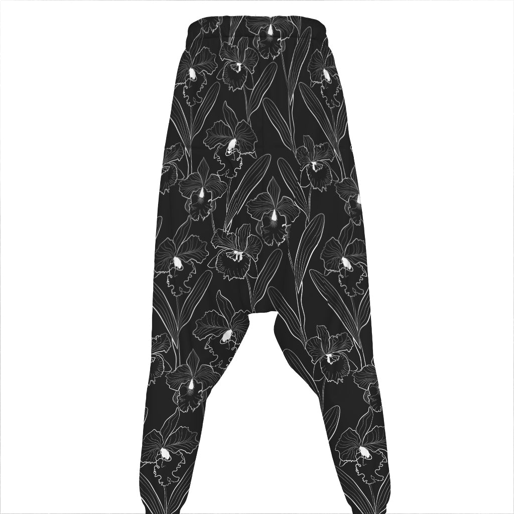 Black Cattleya Flower Pattern Print Hammer Pants