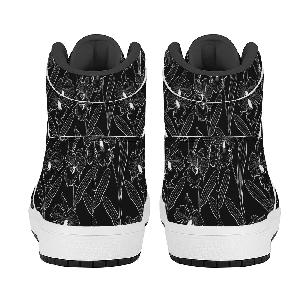 Black Cattleya Flower Pattern Print High Top Leather Sneakers