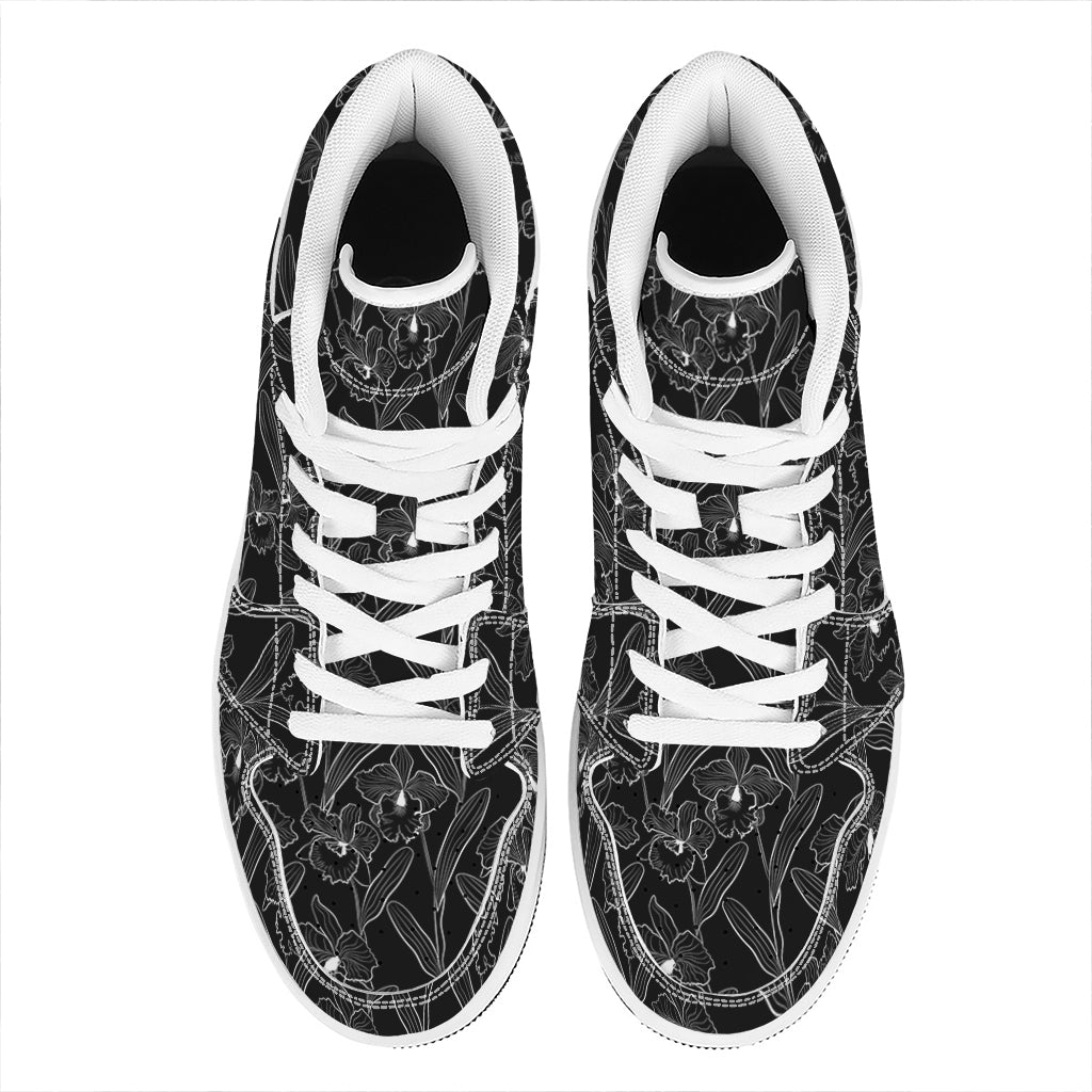 Black Cattleya Flower Pattern Print High Top Leather Sneakers