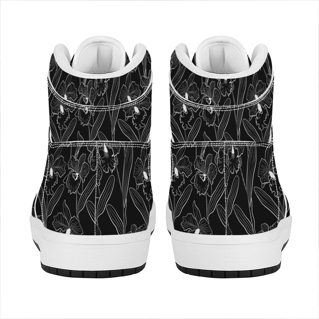 Black Cattleya Flower Pattern Print High Top Leather Sneakers