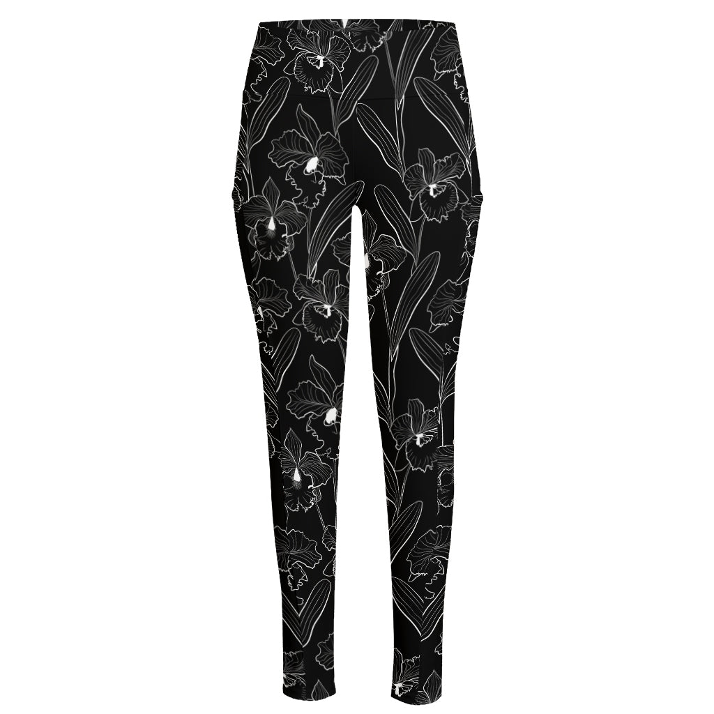 Black Cattleya Flower Pattern Print High-Waisted Pocket Leggings