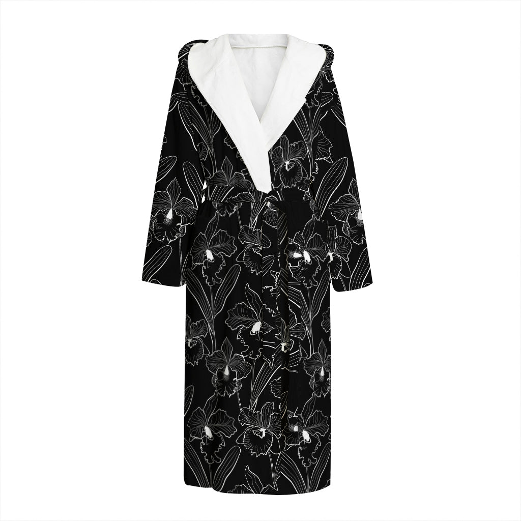 Black Cattleya Flower Pattern Print Hooded Bathrobe