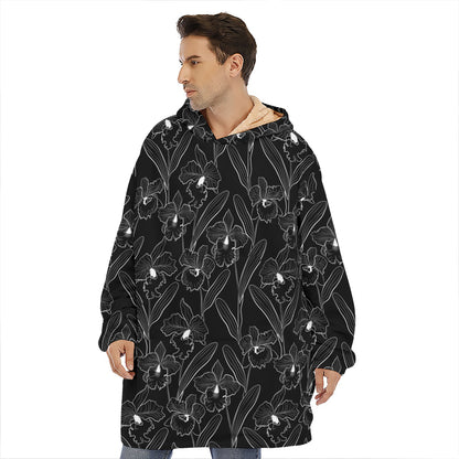 Black Cattleya Flower Pattern Print Hoodie Blanket