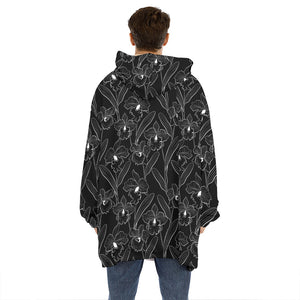 Black Cattleya Flower Pattern Print Hoodie Blanket