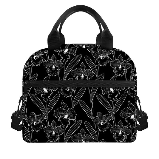 Black Cattleya Flower Pattern Print Insulated Lunch Bag