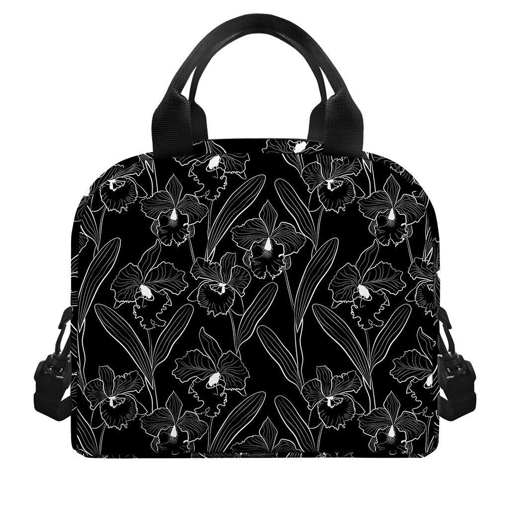 Black Cattleya Flower Pattern Print Insulated Lunch Bag