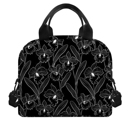 Black Cattleya Flower Pattern Print Insulated Lunch Bag