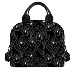 Black Cattleya Flower Pattern Print Insulated Lunch Bag