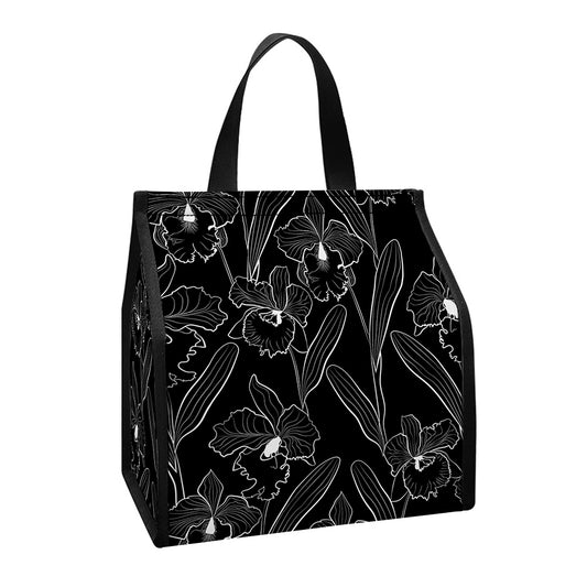 Black Cattleya Flower Pattern Print Insulated Lunch Tote