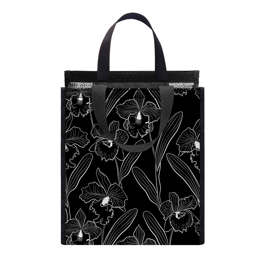 Black Cattleya Flower Pattern Print Insulated Lunch Tote