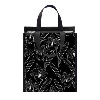 Black Cattleya Flower Pattern Print Insulated Lunch Tote