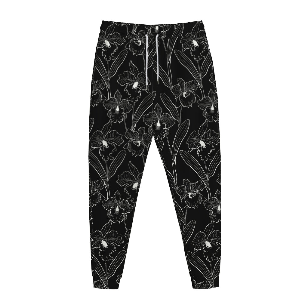Black Cattleya Flower Pattern Print Jogger Pants