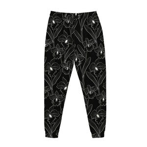Black Cattleya Flower Pattern Print Jogger Pants