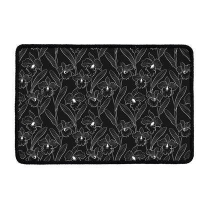 Black Cattleya Flower Pattern Print Kitchen Mat