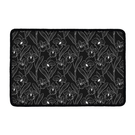 Black Cattleya Flower Pattern Print Kitchen Mat