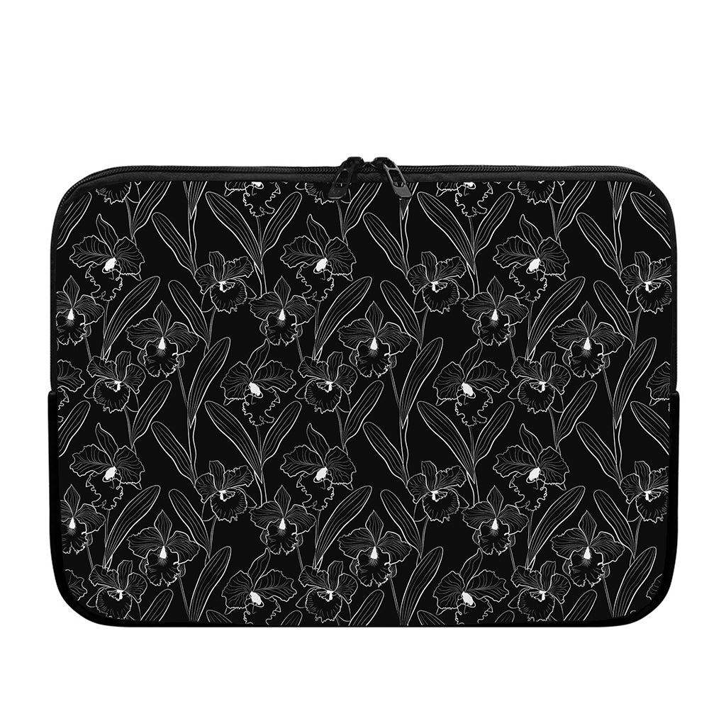 Black Cattleya Flower Pattern Print Laptop Sleeve
