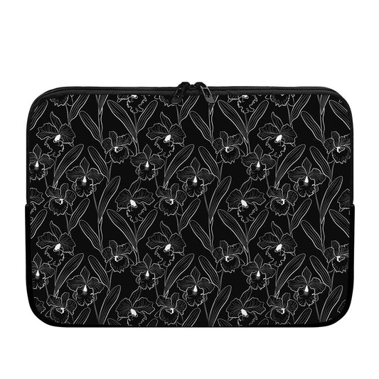 Black Cattleya Flower Pattern Print Laptop Sleeve