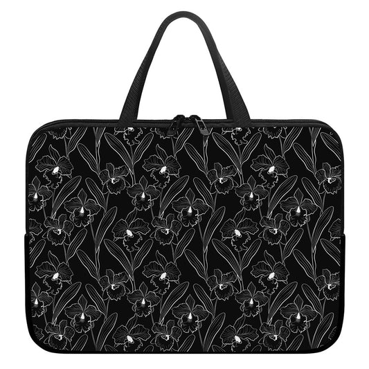 Black Cattleya Flower Pattern Print Laptop Sleeve With Handle