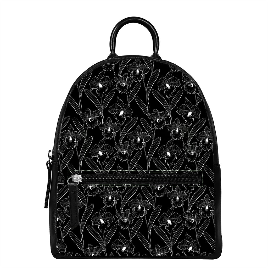 Black Cattleya Flower Pattern Print Leather Backpack