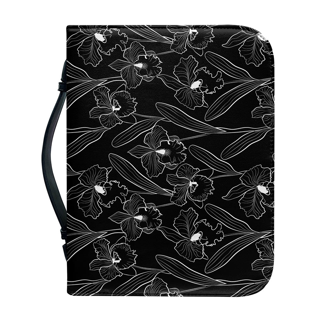 Black Cattleya Flower Pattern Print Leather Bible Cover