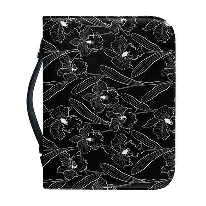 Black Cattleya Flower Pattern Print Leather Bible Cover