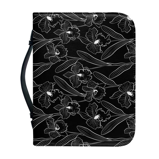 Black Cattleya Flower Pattern Print Leather Bible Cover