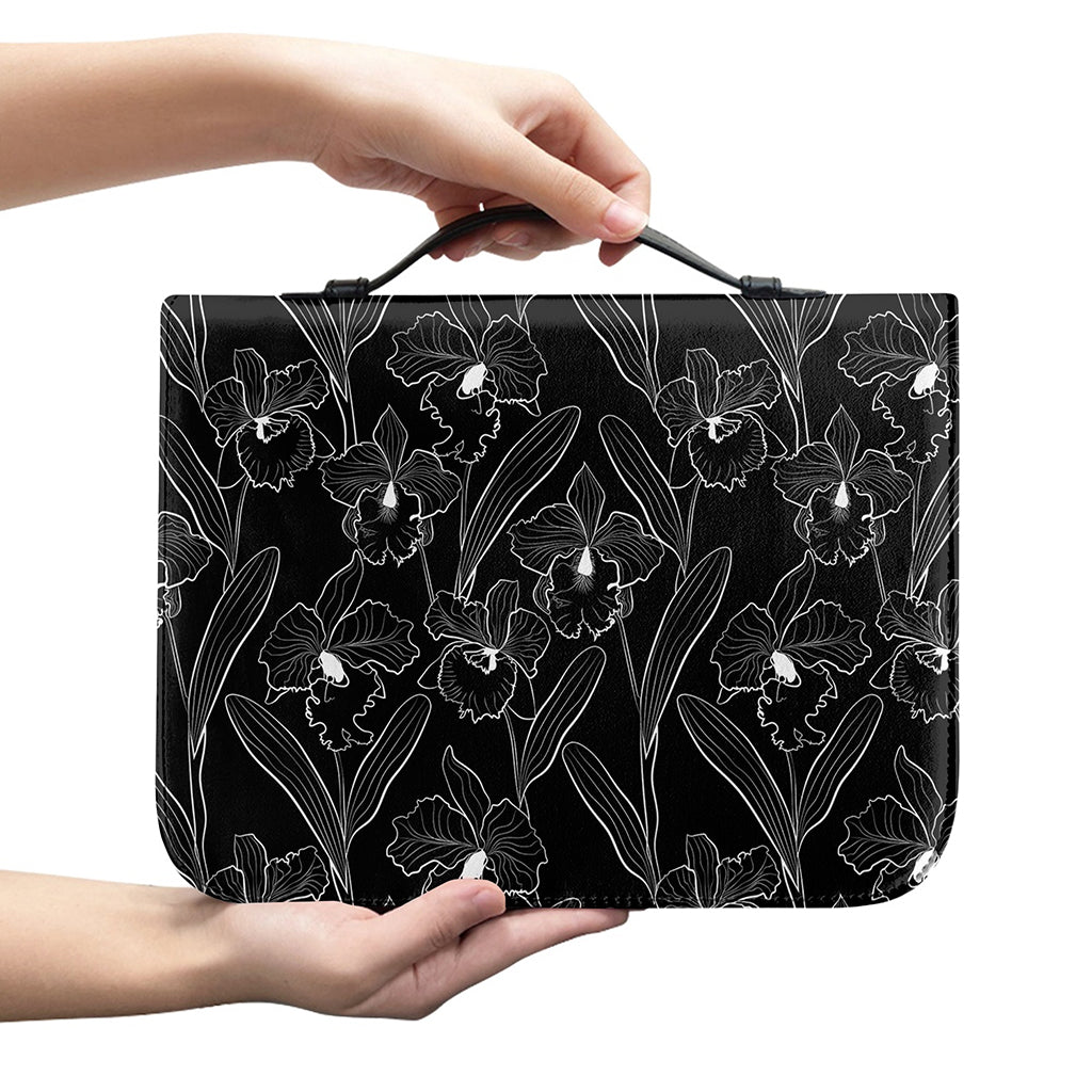 Black Cattleya Flower Pattern Print Leather Bible Cover