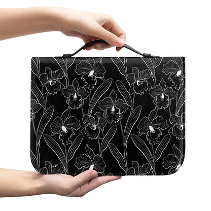 Black Cattleya Flower Pattern Print Leather Bible Cover